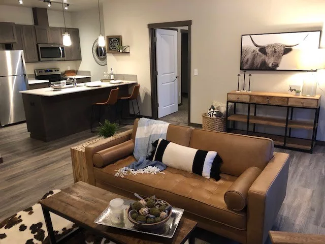 Living room with a brown leather sofa, a kitchen with stainless steel appliances, and a cow-themed decor.